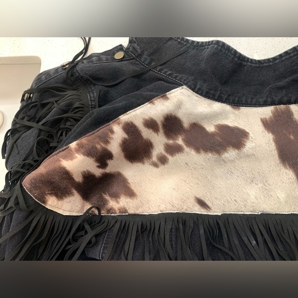 Black Denim Cow Horse Fringe Distressed Jean Jacket Longhorn Rodeo Western Bull - Picture 8 of 11